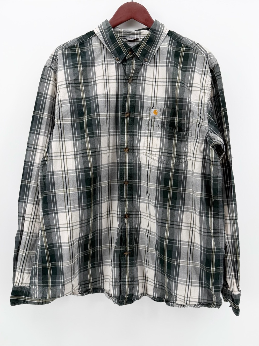 Carhartt Mens L Relaxed Fit Long Sleeve Button Front Plaid Shirt Green 103351